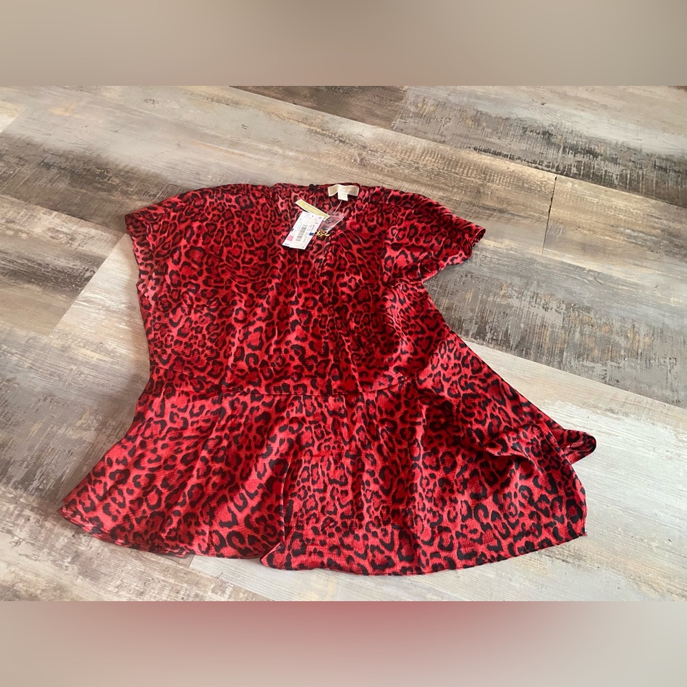 Michael Kors Womens Red Peplum Hem Cap  Sleeve Keyhole Blouse Plus Size XL